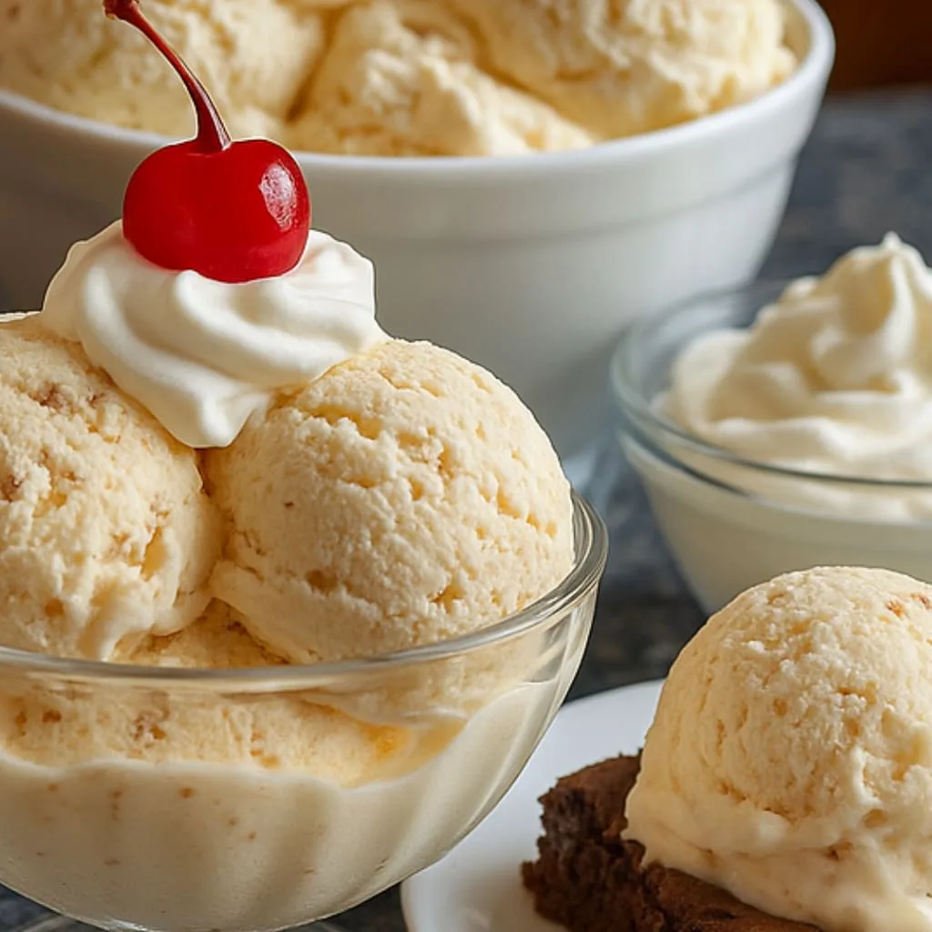 Glass dessert bowl filled with scoops of homemade Dr Pepper Ice Cream topped with whipped cream and a maraschino cherry, served alongside a brownie and extra whipped topping.