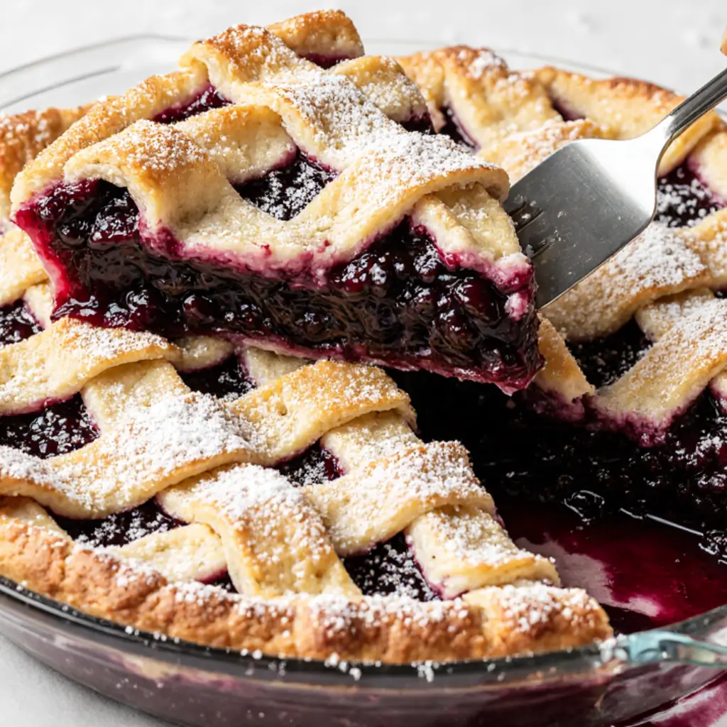 Slice of the best blueberry pie recipe showing thick filling and golden lattice crust in glass dish