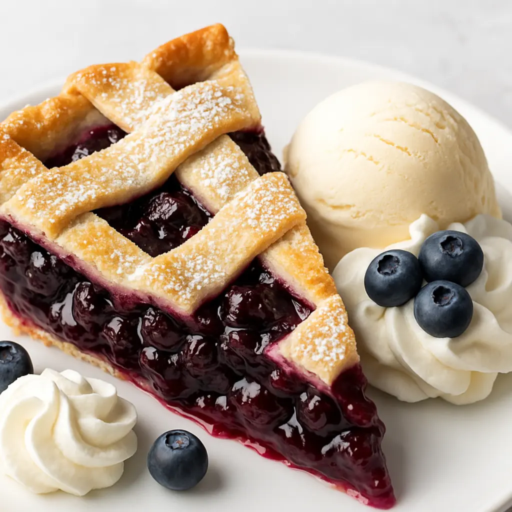 Slice of blueberry pie with golden lattice crust, served with vanilla ice cream and whipped cream topped with blueberries
