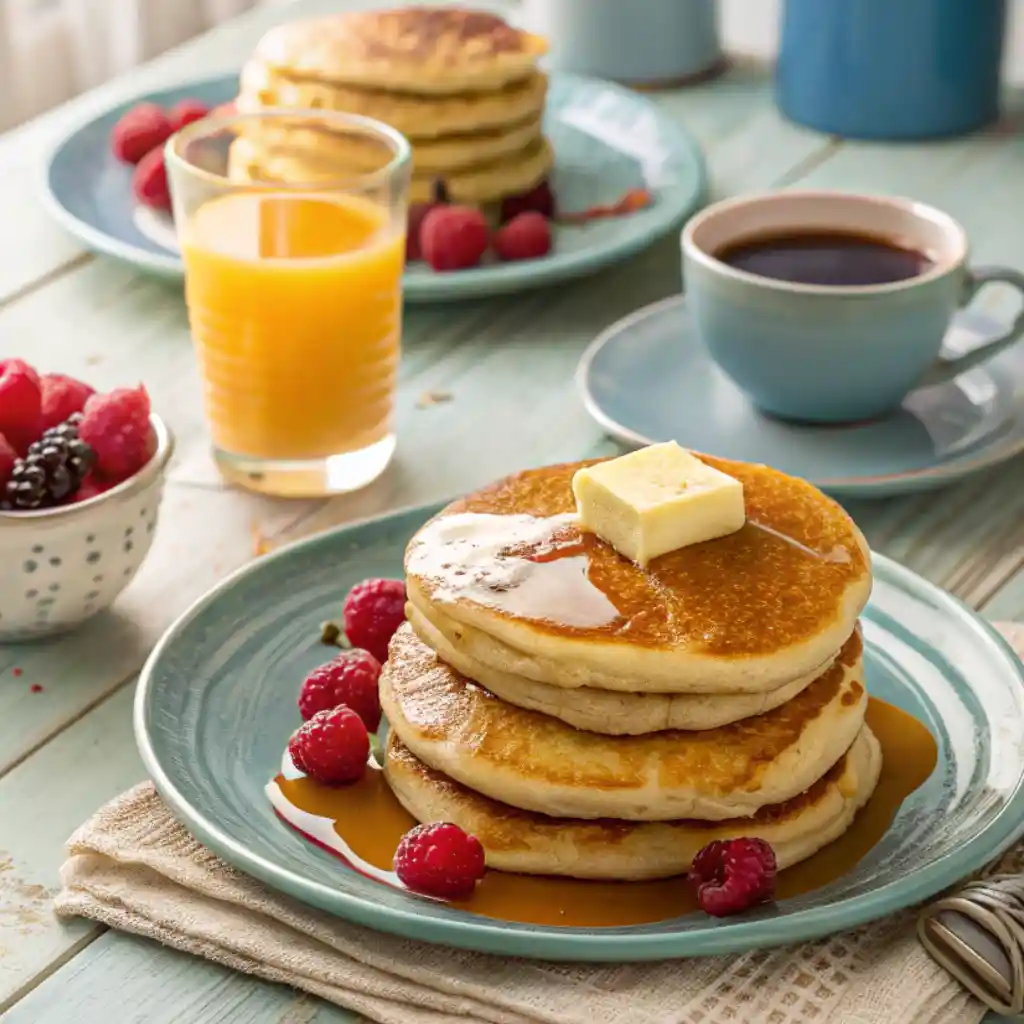 Fluffy pancakes with syrup, fresh berries, orange juice, and coffee for breakfast