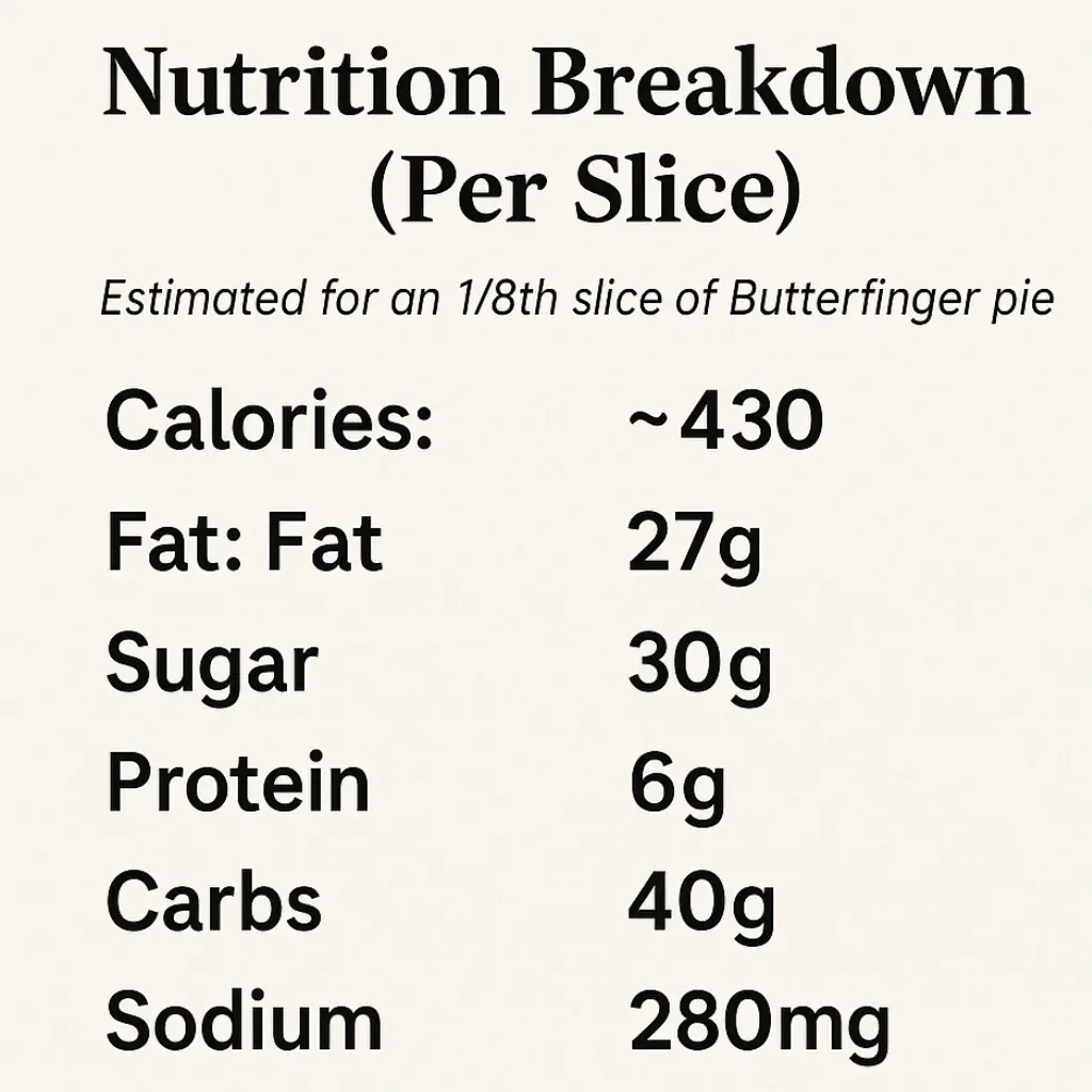 Nutritional breakdown chart for one slice of Butterfinger pie, showing estimated calories, fat, sugar, protein, carbs, and sodium per serving.