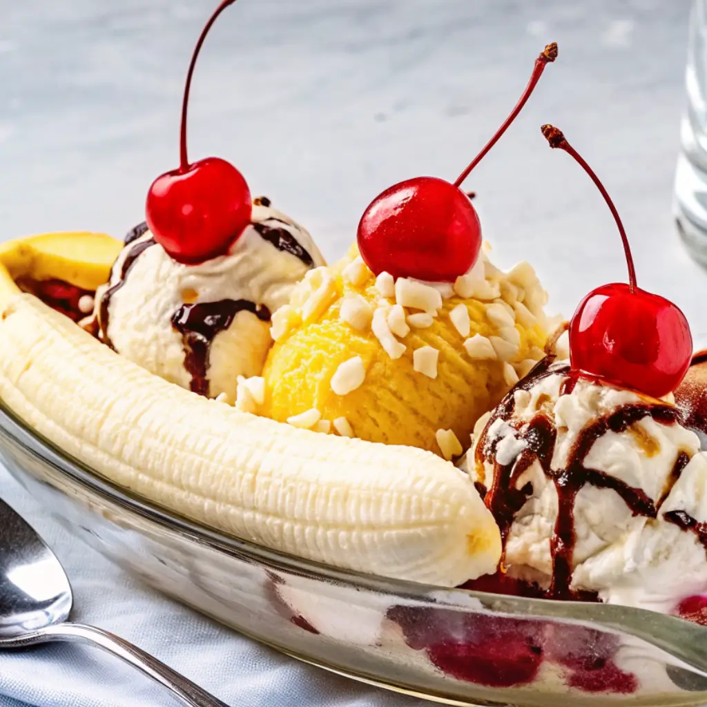 Classic banana split with three scoops of ice cream, banana halves, chocolate syrup, chopped nuts, and maraschino cherries in a glass dish.