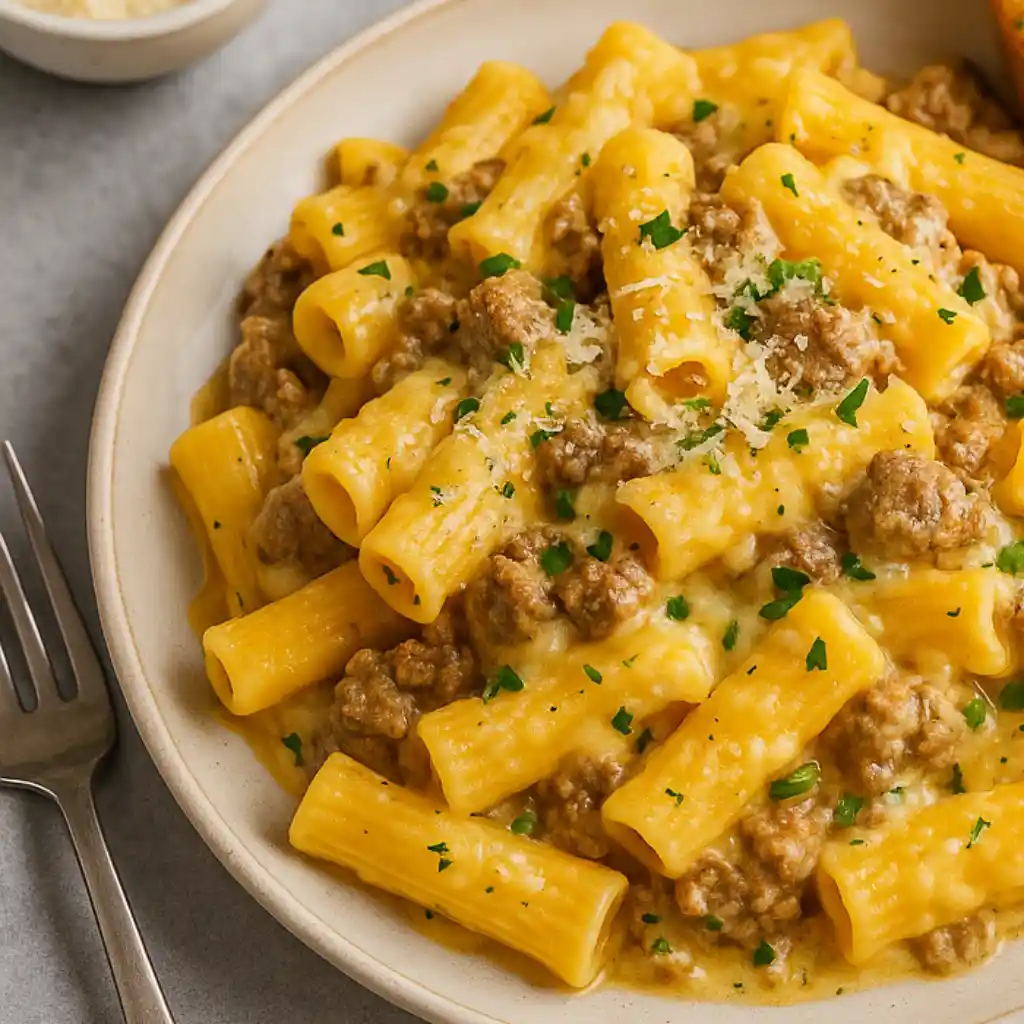 Plate of creamy baked rigatoni with beef and sausage in garlic butter sauce, served with garlic bread and topped with Parmesan and fresh parsley.