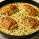 Close-up of creamy smothered chicken and rice in a skillet, featuring golden seared chicken thighs over creamy seasoned rice with fresh parsley garnish.