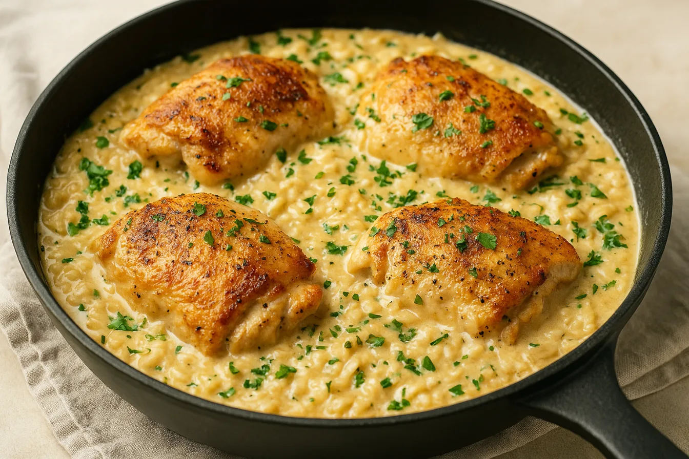 Close-up of creamy smothered chicken and rice in a skillet, featuring golden seared chicken thighs over creamy seasoned rice with fresh parsley garnish.