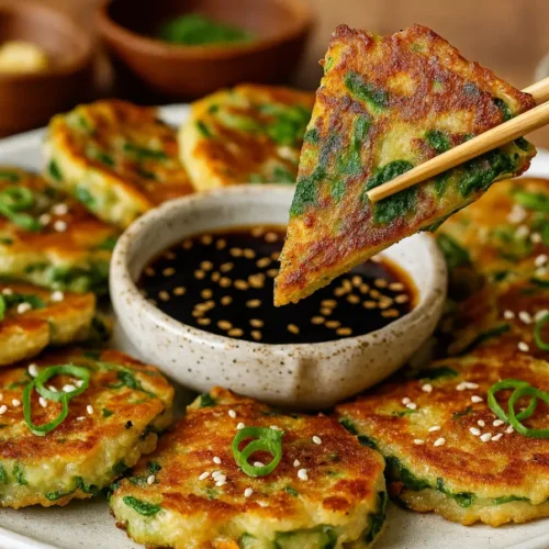 Crispy vegetable pancakes served with Asian dipping sauce, garnished with scallions and sesame seeds, inspired by Korean pajeon and Asian veggie fritters.