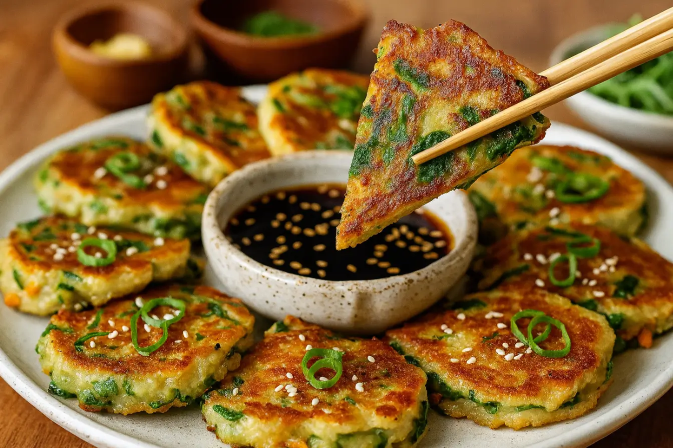 Crispy vegetable pancakes served with Asian dipping sauce, garnished with scallions and sesame seeds, inspired by Korean pajeon and Asian veggie fritters.