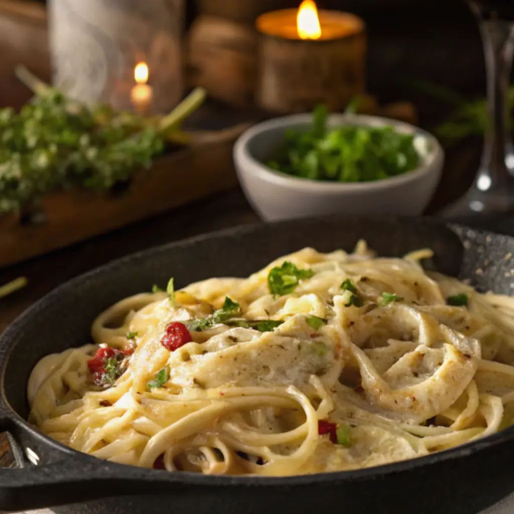 Creamy pasta with herbs, chicken, and vegetables in a black skillet