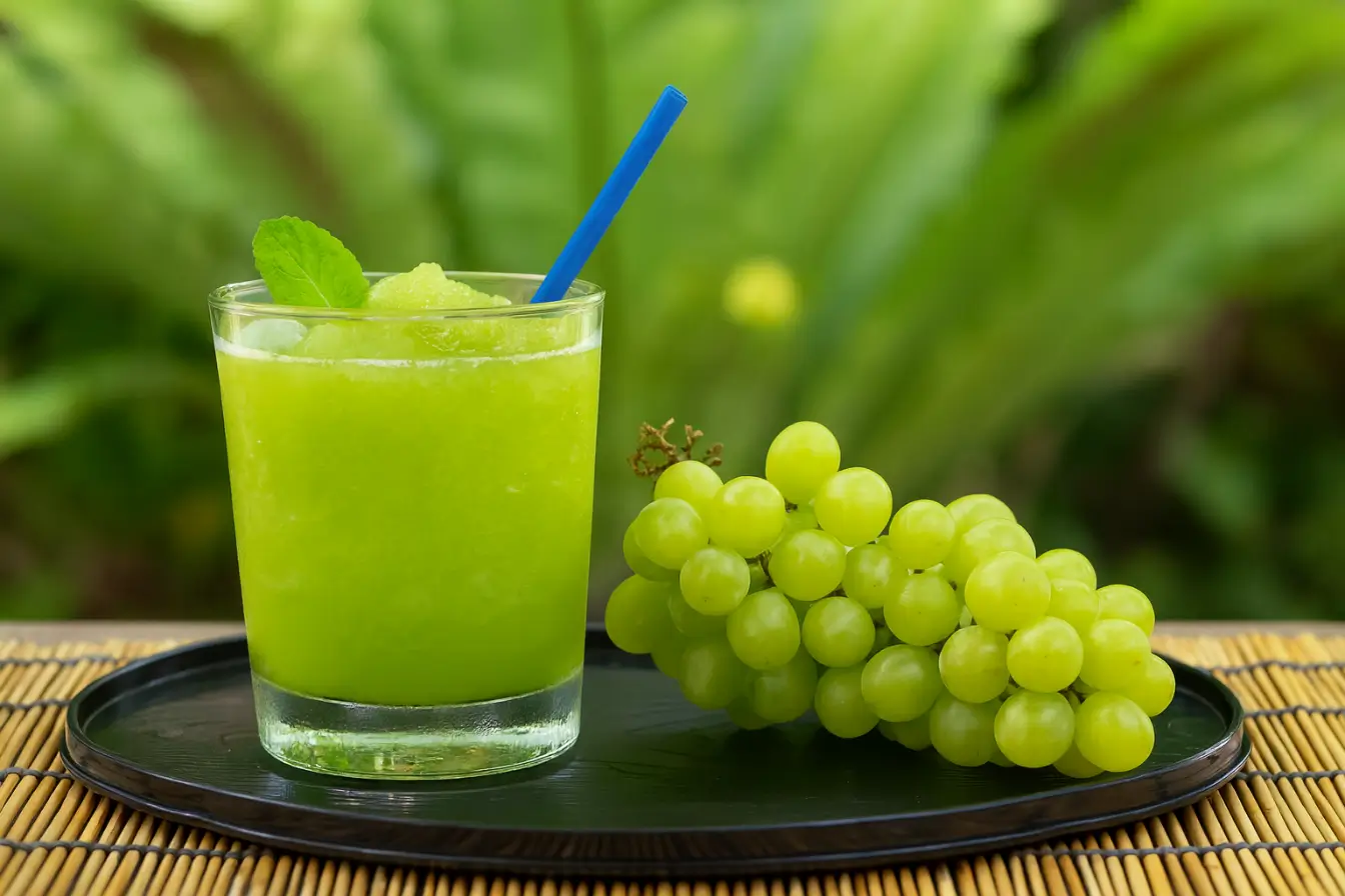 Refreshing glass of homemade green grape juice with ice, mint, and fresh grapes on a tray – healthy cold-pressed summer drink with lime