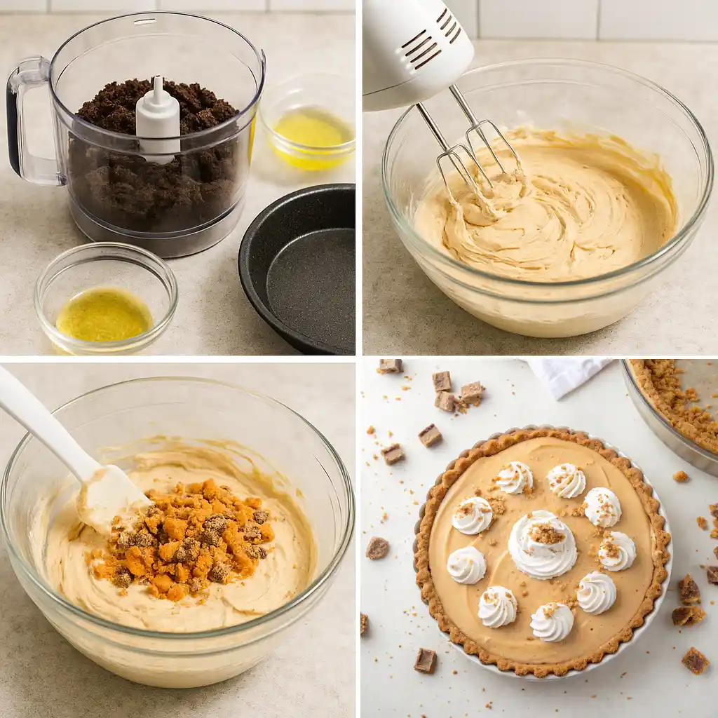 A step-by-step image grid showing how to make Butterfinger pie: crushing cookies for the crust, mixing creamy peanut butter filling, folding in crushed Butterfinger candy bars, and assembling the no-bake pie with whipped topping.