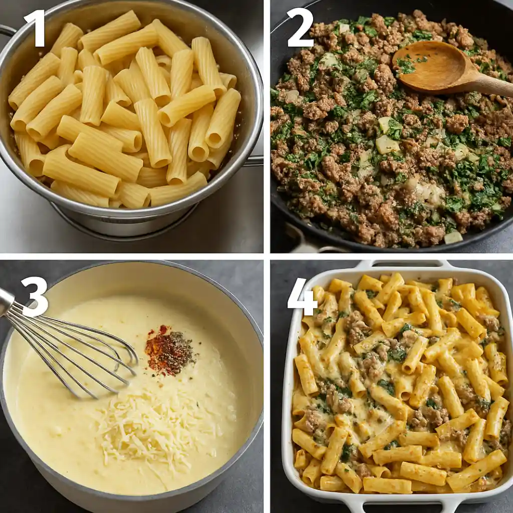 Step-by-step photo grid showing how to make creamy baked rigatoni with beef and sausage in garlic butter sauce, including pasta boiling, meat sautéing, cheese sauce preparation, and final assembly of the baked pasta dish.