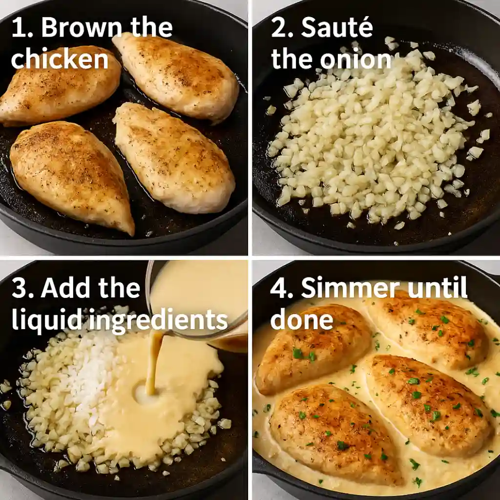 Step-by-step cooking process for creamy smothered chicken and rice in one skillet — searing chicken, sautéing aromatics, simmering creamy sauce, and cooking rice to perfection.
