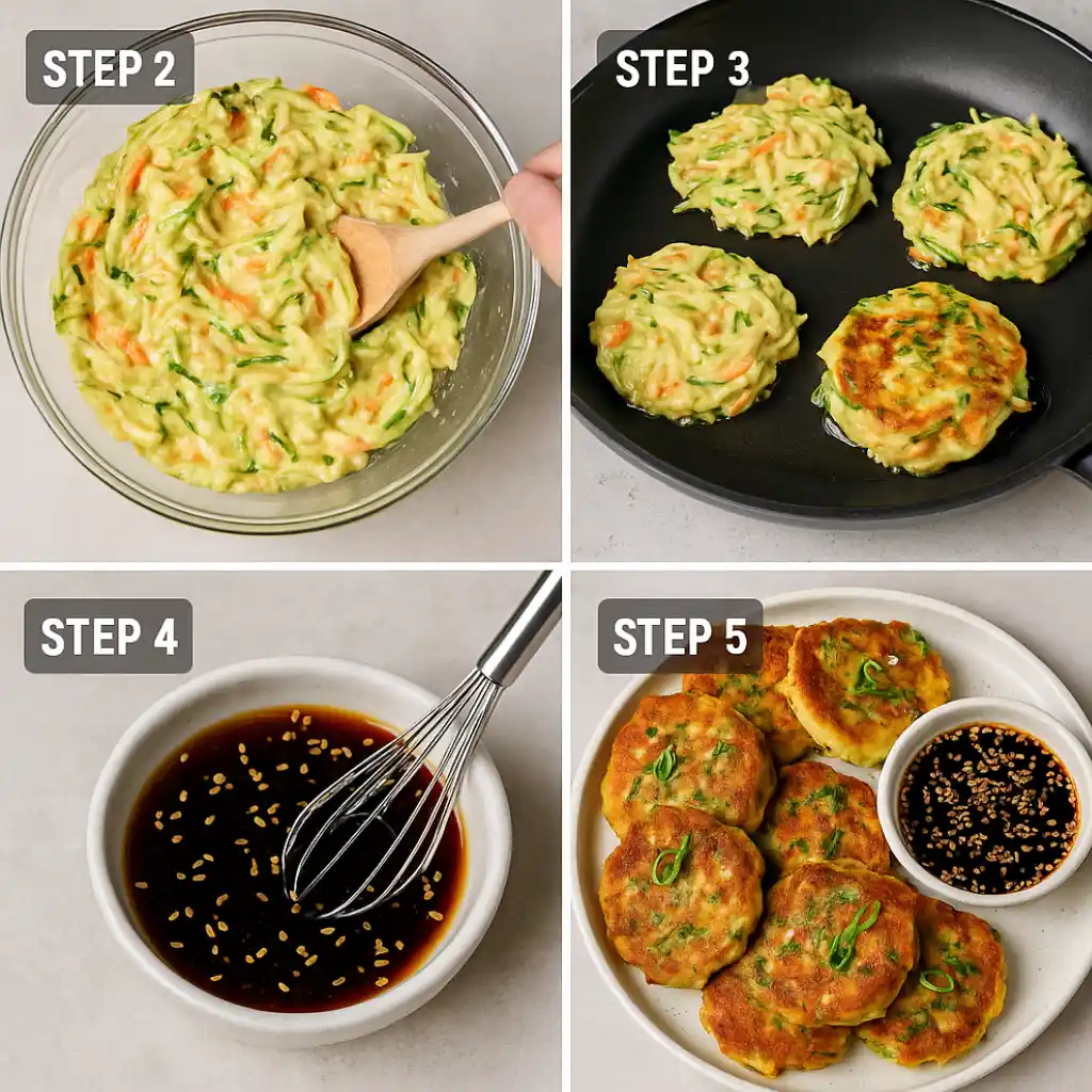 Step-by-step guide to making crispy vegetable pancakes with Asian dipping sauce — mixing batter with shredded veggies, frying until golden, whisking soy-sesame dipping sauce, and serving the pancakes hot with garnish.