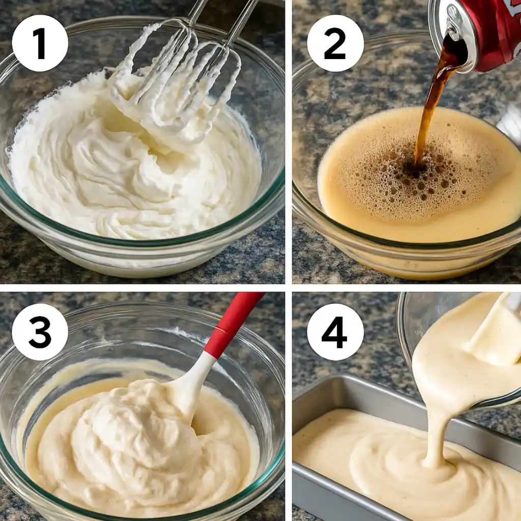 Step-by-step process showing how to make Dr Pepper Ice Cream: whipping cream, mixing with soda, folding ingredients, and freezing the mixture.