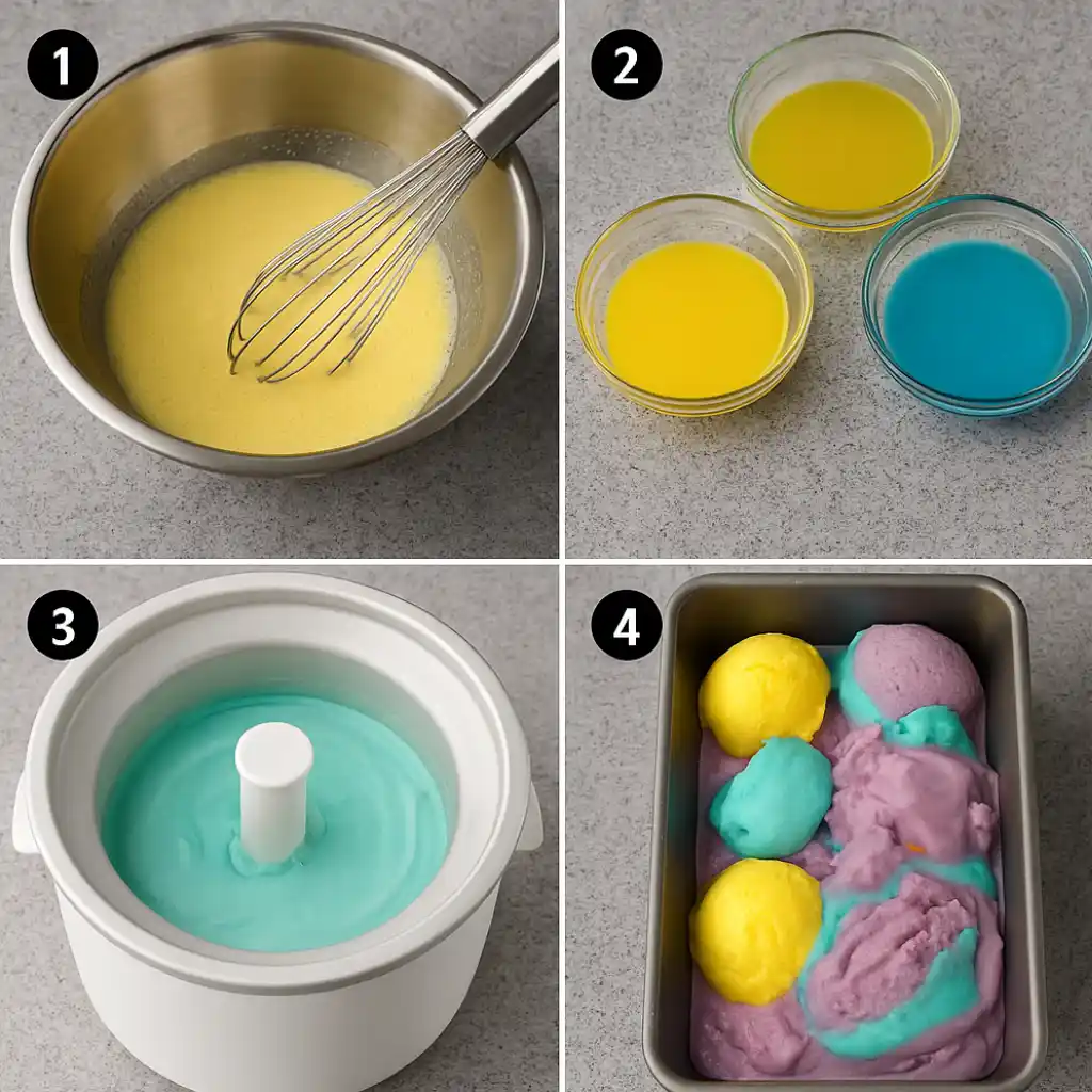 Step-by-step collage showing how to make Moon Mist Ice Cream: preparing custard, coloring three bowls with yellow, blue, and purple, churning the mixture in an ice cream maker, and layering the vibrant swirls in a pan for final freezing.