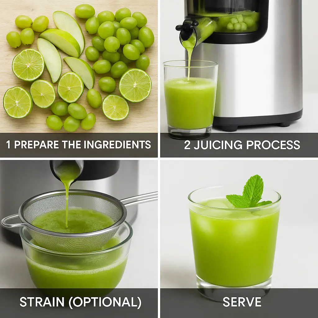 Step-by-step collage showing how to make sour green grape juice: washing fresh grapes, apples, and limes; preparing fruits for juicing; serving the finished green grape juice in a glass with ice and mint.