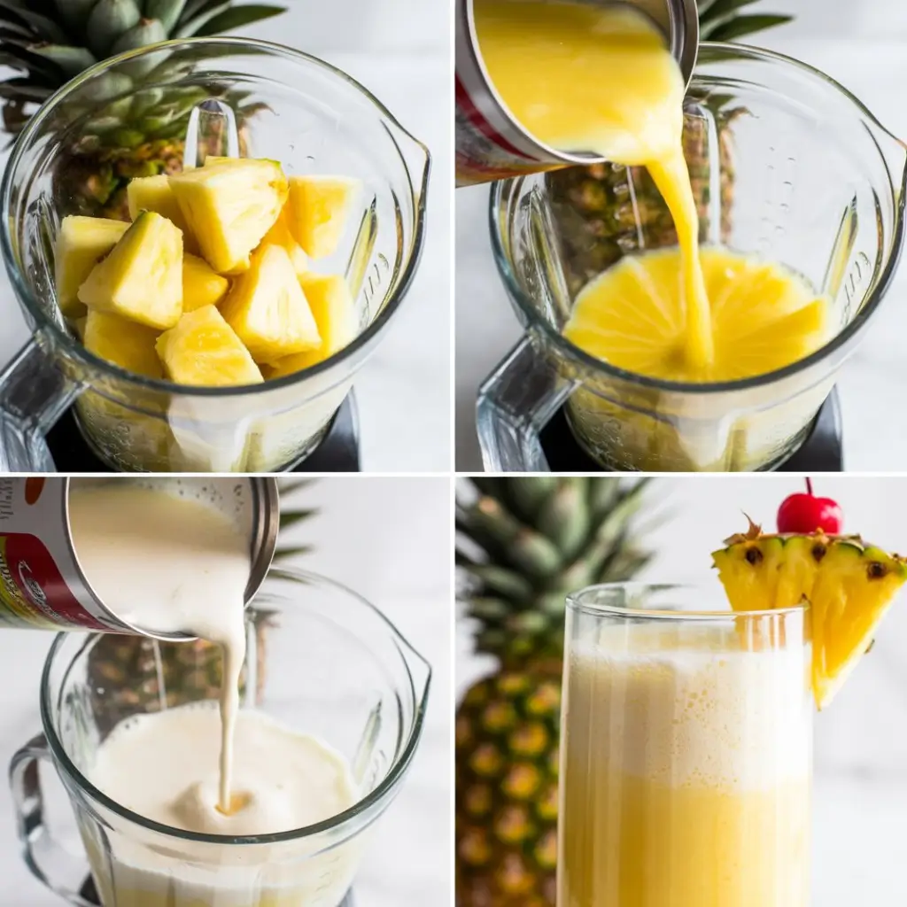 Step-by-step virgin piña colada recipe collage showing frozen pineapple chunks, pineapple juice, cream of coconut in blender, and finished tropical mocktail.