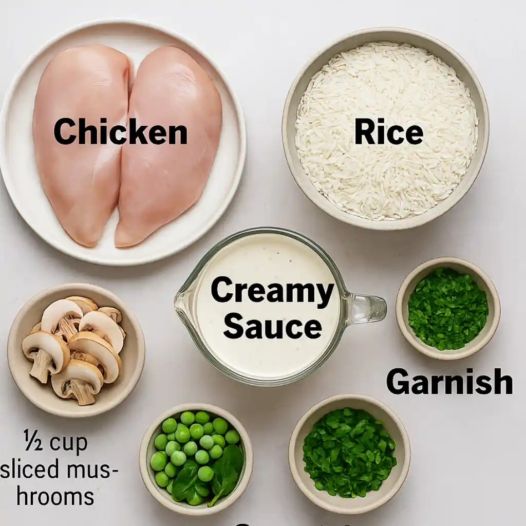 Ingredients for Creamy Smothered Chicken and Rice arranged on a white background, including raw chicken breasts, uncooked rice, creamy sauce, sliced mushrooms, green peas with spinach, and fresh chopped herbs for garnish.