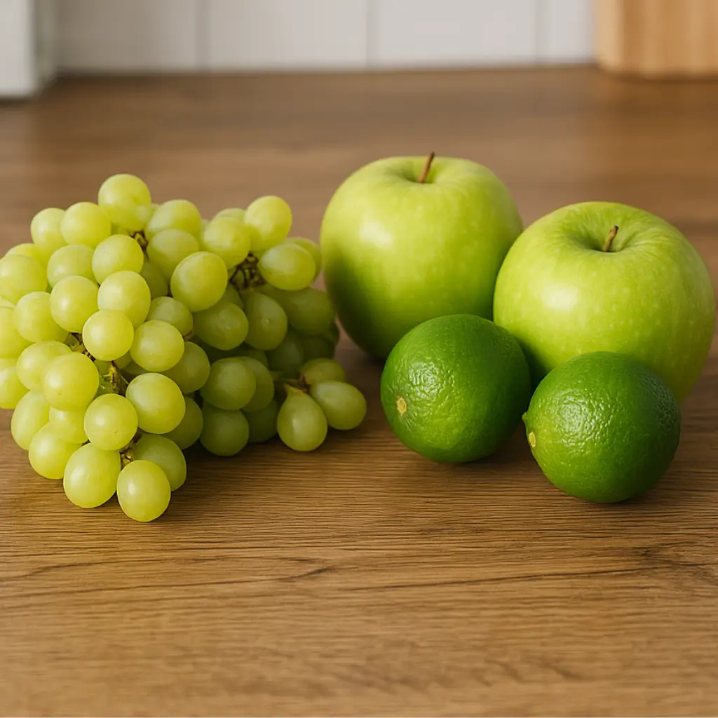 Fresh green grapes, Granny Smith apples, and limes arranged on a kitchen counter — key ingredients for homemade green grape juice recipe.