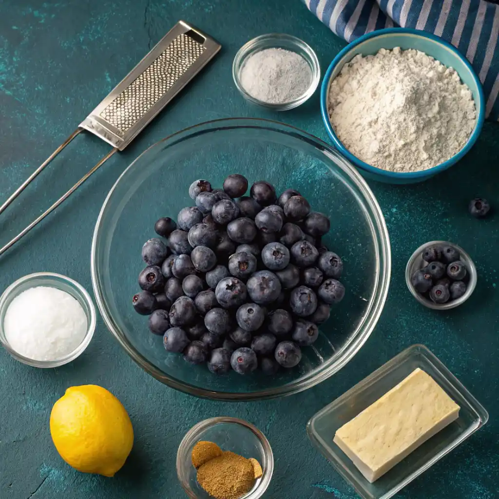 Flat lay of ingredients for the best blueberry pie recipe including fresh blueberries, lemon, flour, sugar, and butter