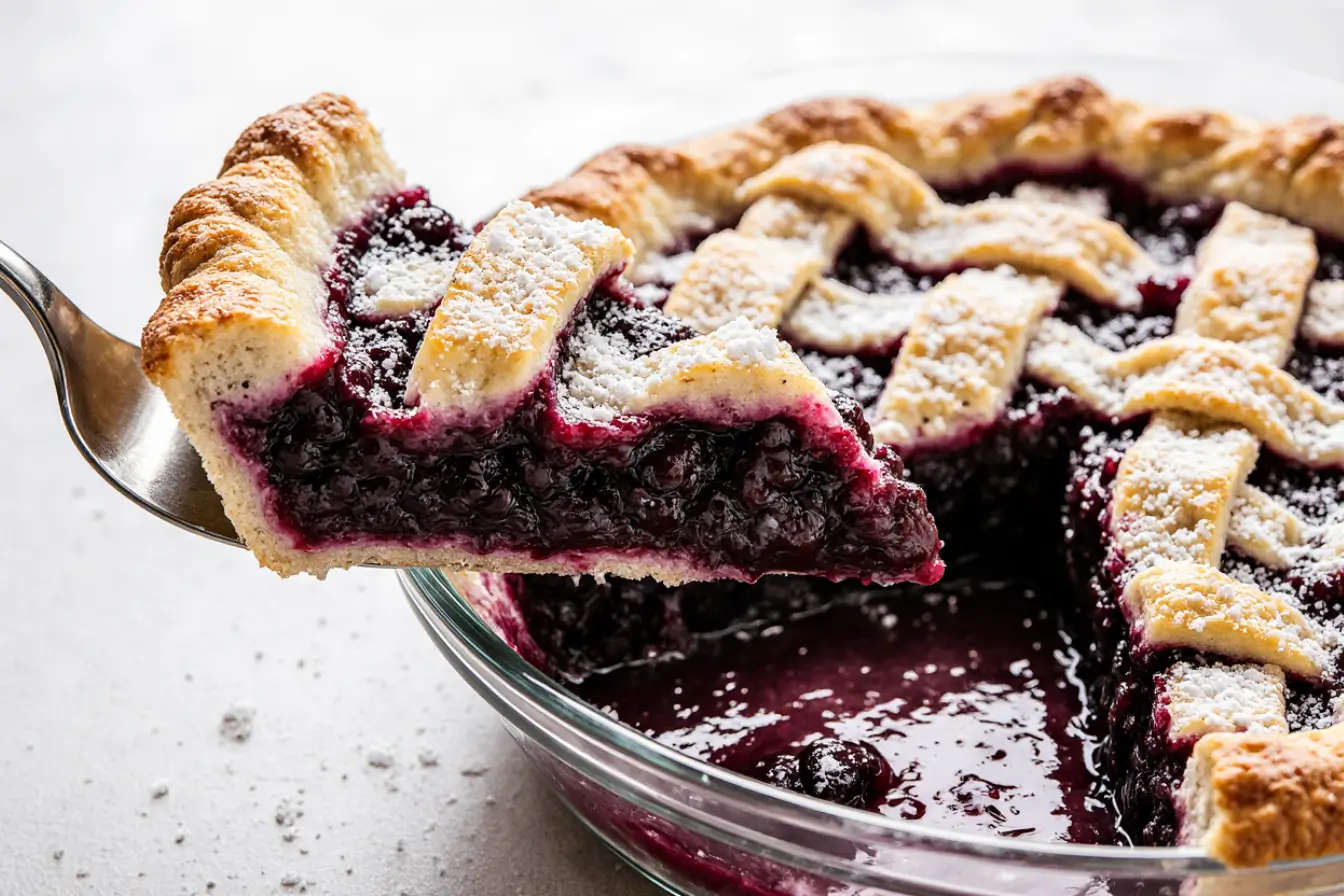 Freshly baked blueberry pie with golden lattice crust and thick jammy filling in a glass dish