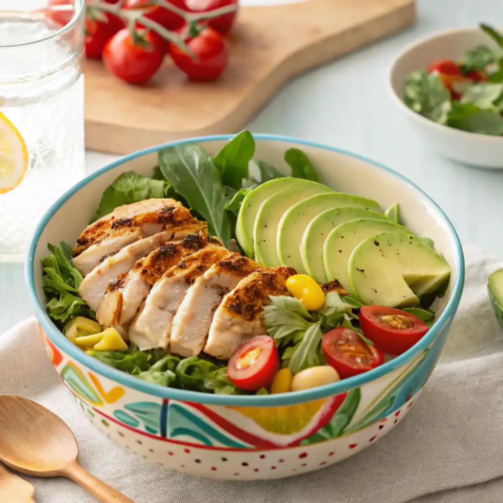 Healthy grilled chicken salad with avocado, cherry tomatoes, and fresh greens