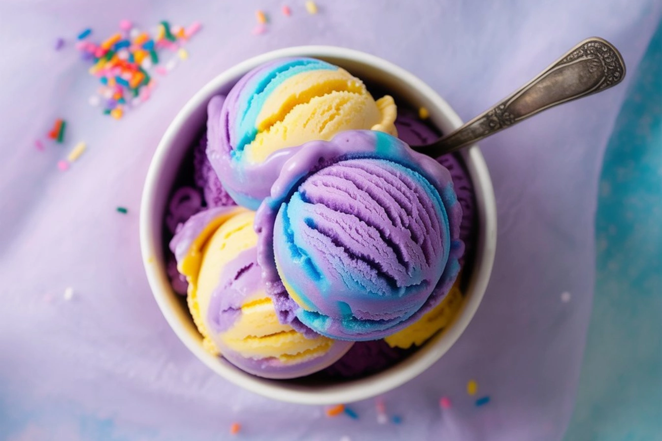 A close-up of a white bowl filled with scoops of Moon Mist Ice Cream in vibrant swirls of purple, blue, and yellow, with a vintage silver spoon and colorful sprinkles scattered on a pastel purple background.