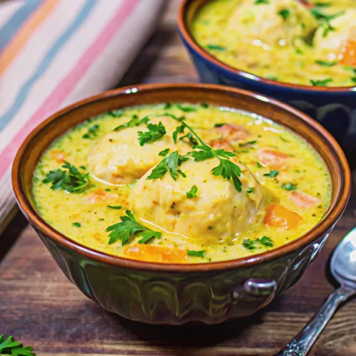Bowl of Old Fashioned Chicken and Dumplings Recipe with creamy broth, fluffy dumplings, carrots, and fresh parsley garnish.