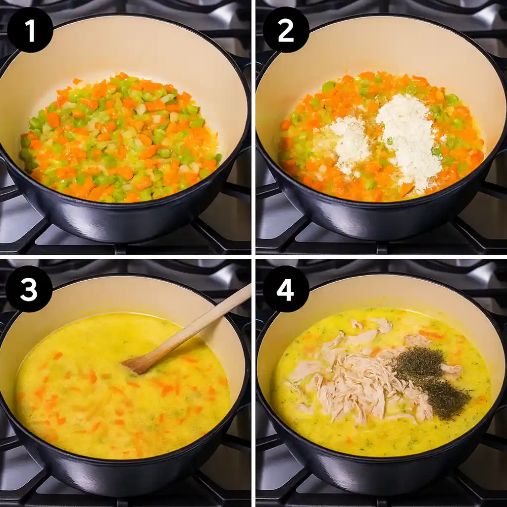 Step-by-step Old Fashioned Chicken and Dumplings Recipe – sautéing vegetables, adding flour, simmering broth, and mixing in shredded chicken with herbs.
