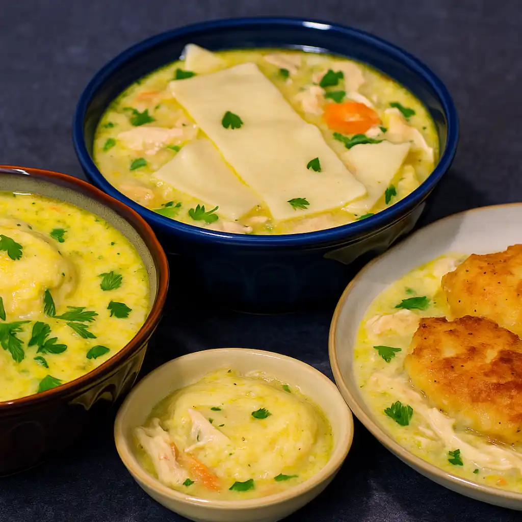 Three variations of Old Fashioned Chicken and Dumplings Recipe – drop dumplings, rolled dumplings, and fried dumplings served in creamy chicken stew.