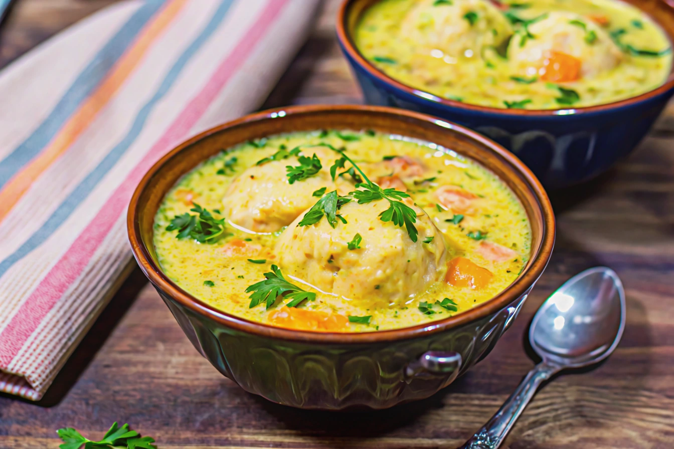 Bowl of Old Fashioned Chicken and Dumplings Recipe with creamy broth, fluffy dumplings, carrots, and fresh parsley garnish.