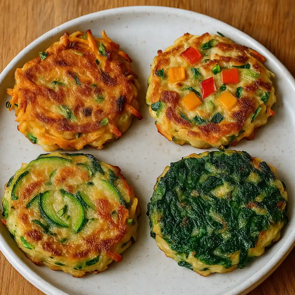 Four crispy vegetable pancakes with Asian dipping sauce variations, featuring zucchini, sweet potato, spinach, and bell pepper toppings.