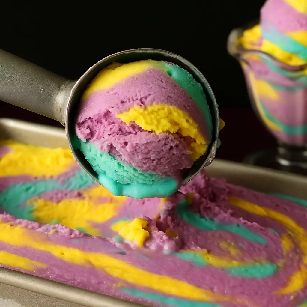 A metal scoop lifts a vibrant swirl of Moon Mist Ice Cream from a loaf pan, revealing its iconic purple, yellow, and teal layers; a sundae glass filled with the same ice cream sits blurred in the background.