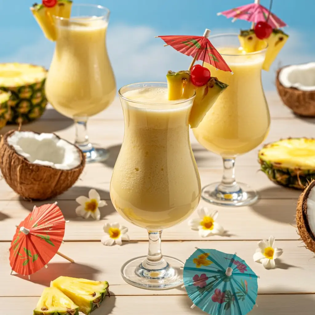 Creative serving and garnish ideas for virgin piña colada, featuring tropical glasses with pineapple wedges, cherries, coconut rims, and cocktail umbrellas.