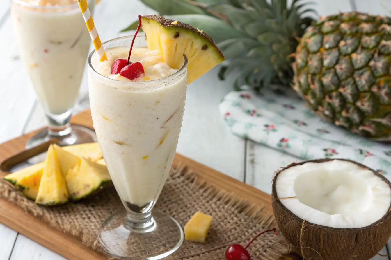 Creamy virgin piña colada in a tall glass with pineapple wedge, maraschino cherry, and striped straw, served with fresh pineapple slices and coconut.