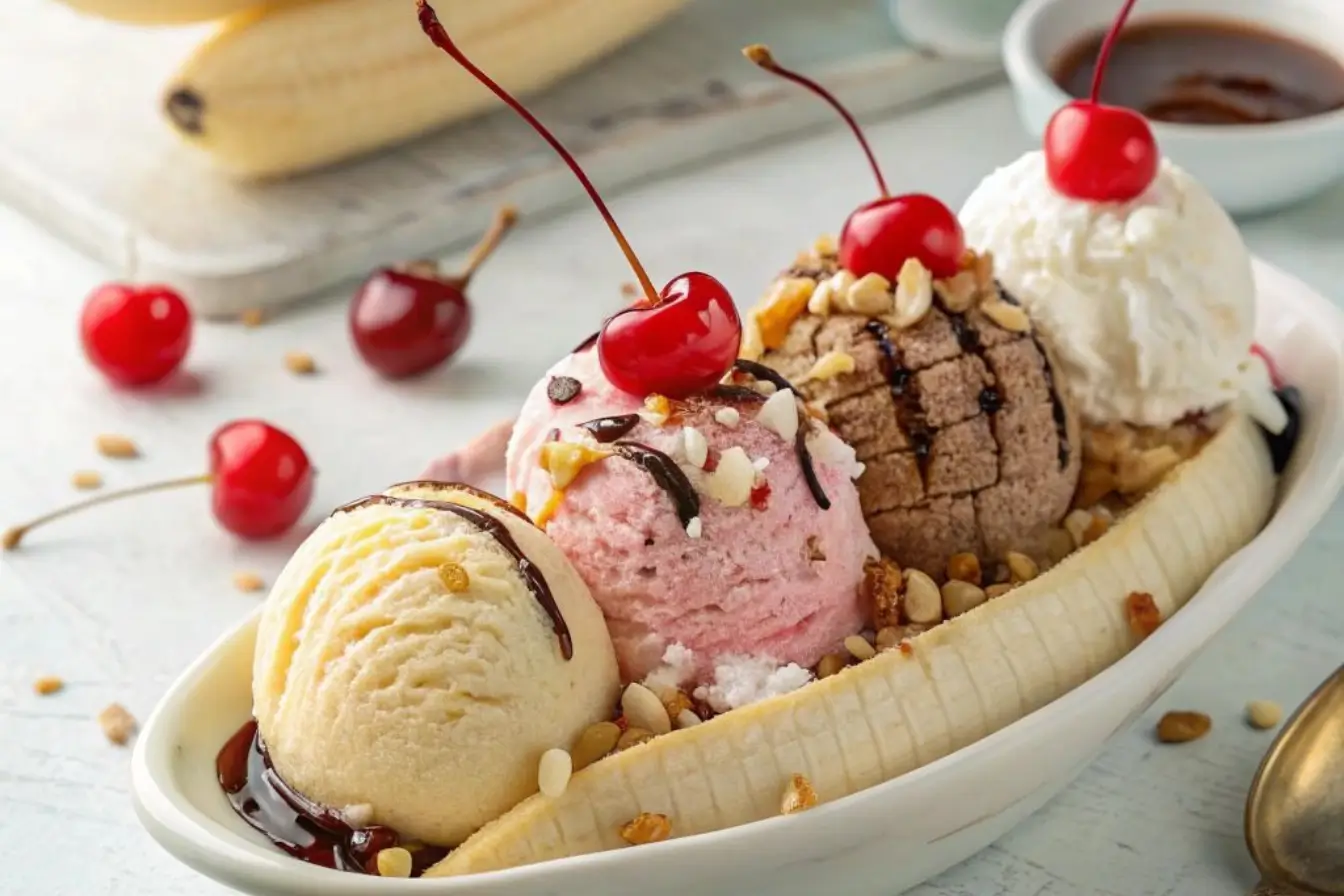 Classic banana split dessert with three scoops of ice cream, sliced banana, whipped cream, chocolate syrup, chopped nuts, and cherries in a glass dish.