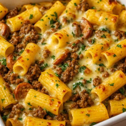 Cheesy baked rigatoni with beef and Italian sausage in garlic butter sauce, topped with melted mozzarella in a white baking dish.
