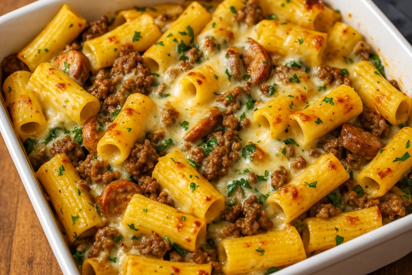 Cheesy baked rigatoni with beef and Italian sausage in garlic butter sauce, topped with melted mozzarella in a white baking dish.