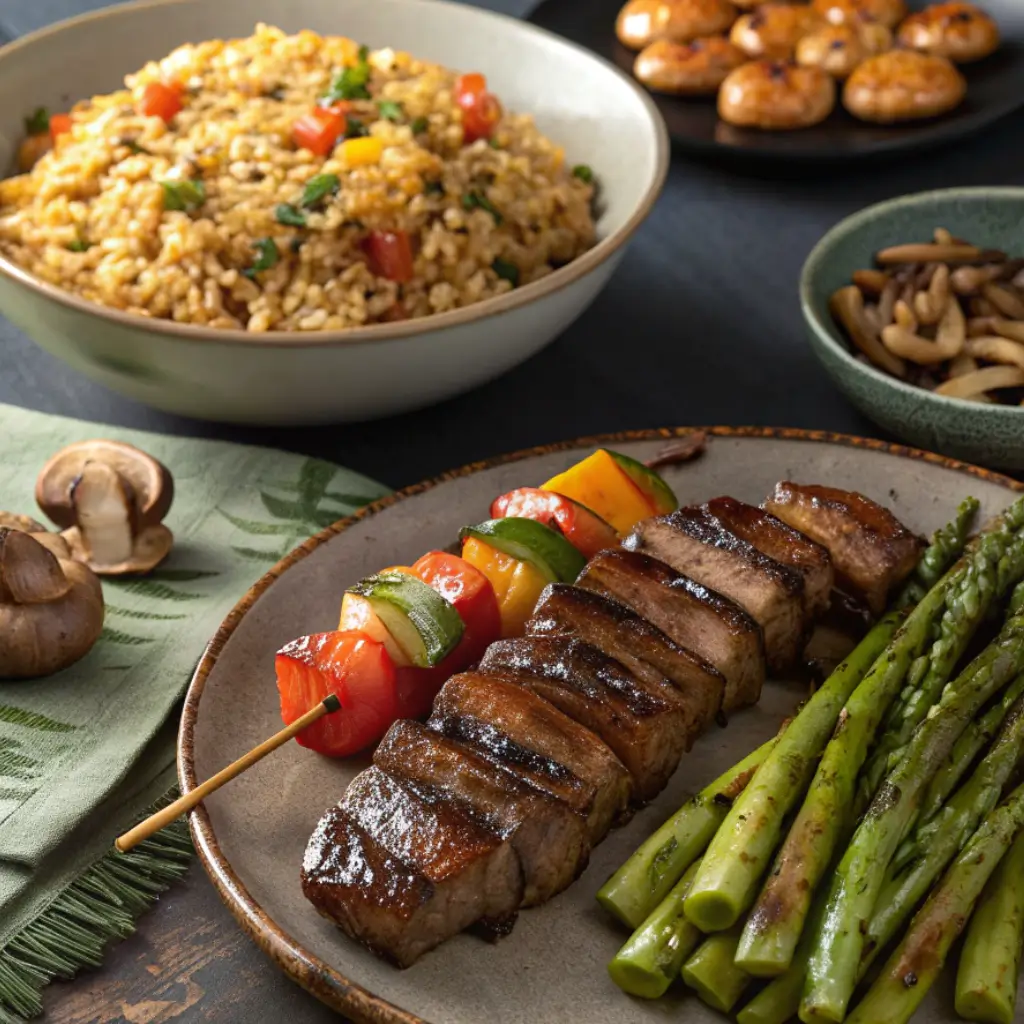 A plated Blackstone dinner with hibachi fried rice, grilled steak, teriyaki chicken skewers, and sautéed vegetables served beautifully on rustic dinnerware