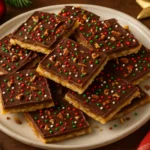 Homemade Christmas crack recipe with chocolate, caramel, and sprinkles on a holiday plate.