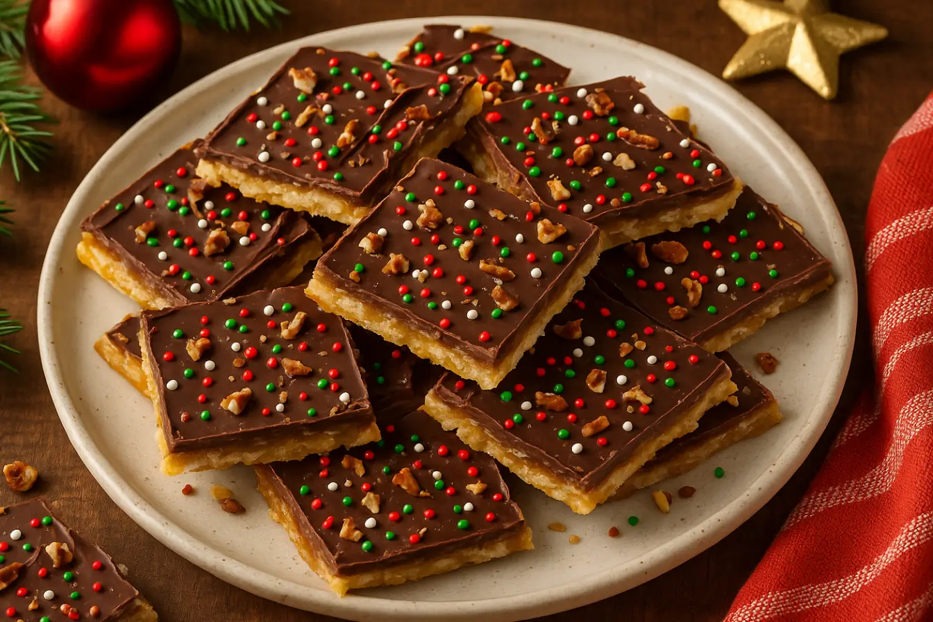 Homemade Christmas crack recipe with chocolate, caramel, and sprinkles on a holiday plate.