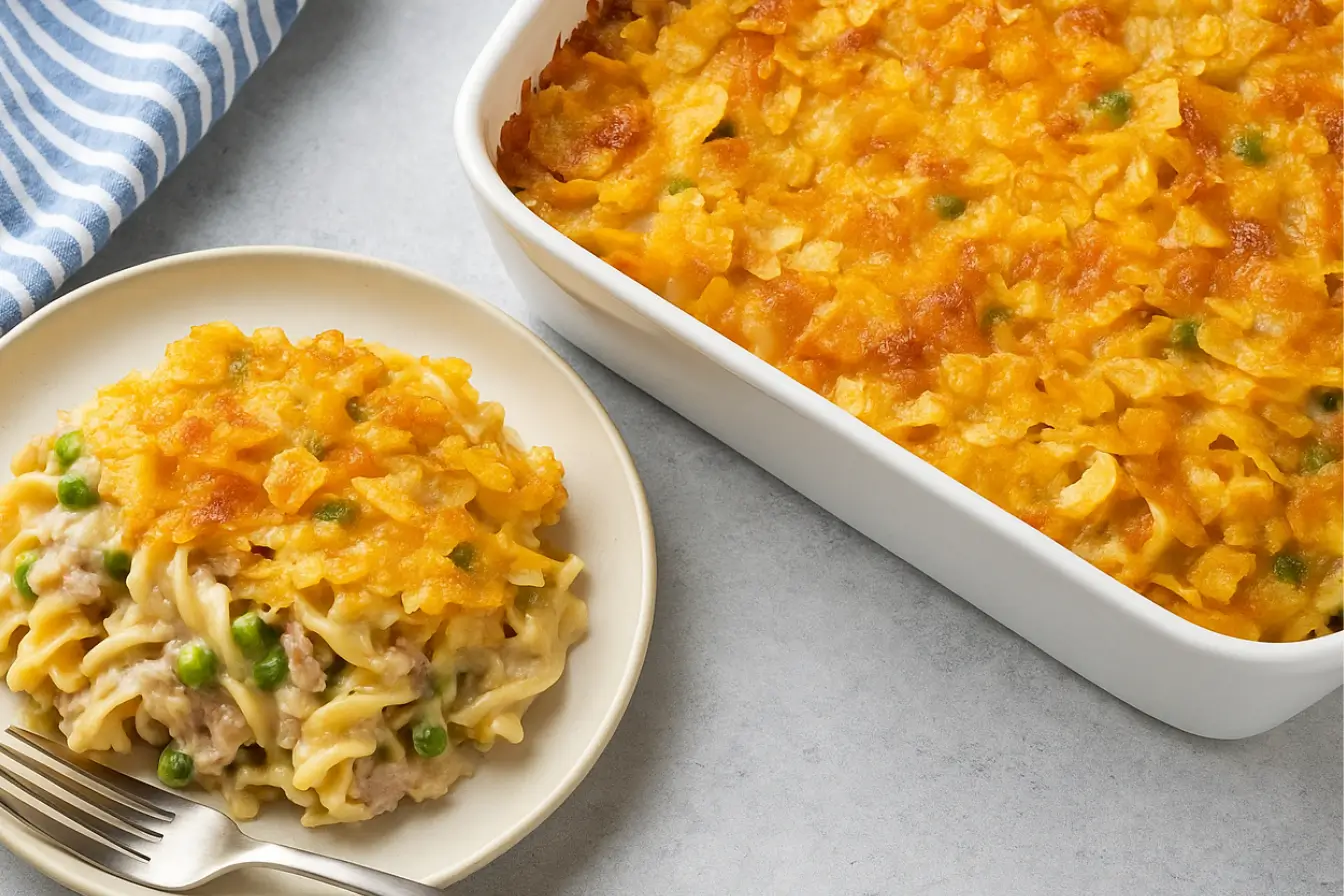 Freshly baked tuna casserole recipe with golden potato chip topping, noodles, peas, and creamy sauce in a white dish.