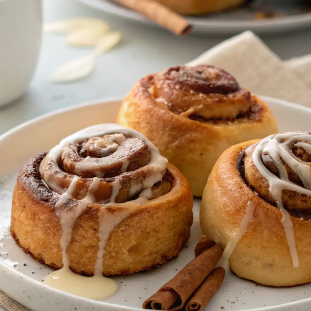 Golden brown griddled cinnamon rolls drizzled with icing, served on a white ceramic plate.