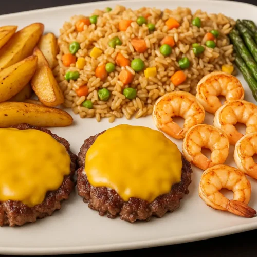 Delicious plated Blackstone recipes featuring smash burgers with melted cheese, crispy potato wedges, hibachi-style fried rice, grilled shrimp, and asparagus on a white ceramic plate.