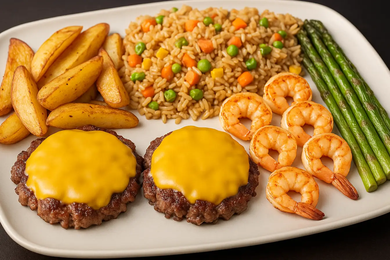 Delicious plated Blackstone recipes featuring smash burgers with melted cheese, crispy potato wedges, hibachi-style fried rice, grilled shrimp, and asparagus on a white ceramic plate.