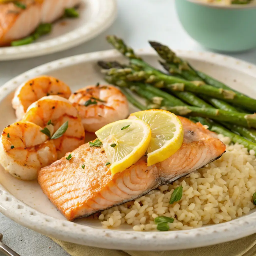 A plated seafood meal from Blackstone recipes with garlic shrimp, seared salmon, lemon wedges, asparagus, and rice on a ceramic plate.