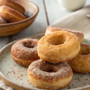 Golden brown cake donuts on a rustic plate, some glazed and some coated with cinnamon sugar, representing a homemade cake donut recipe.