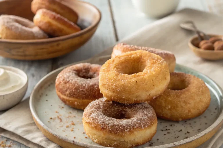 Golden brown cake donuts on a rustic plate, some glazed and some coated with cinnamon sugar, representing a homemade cake donut recipe.