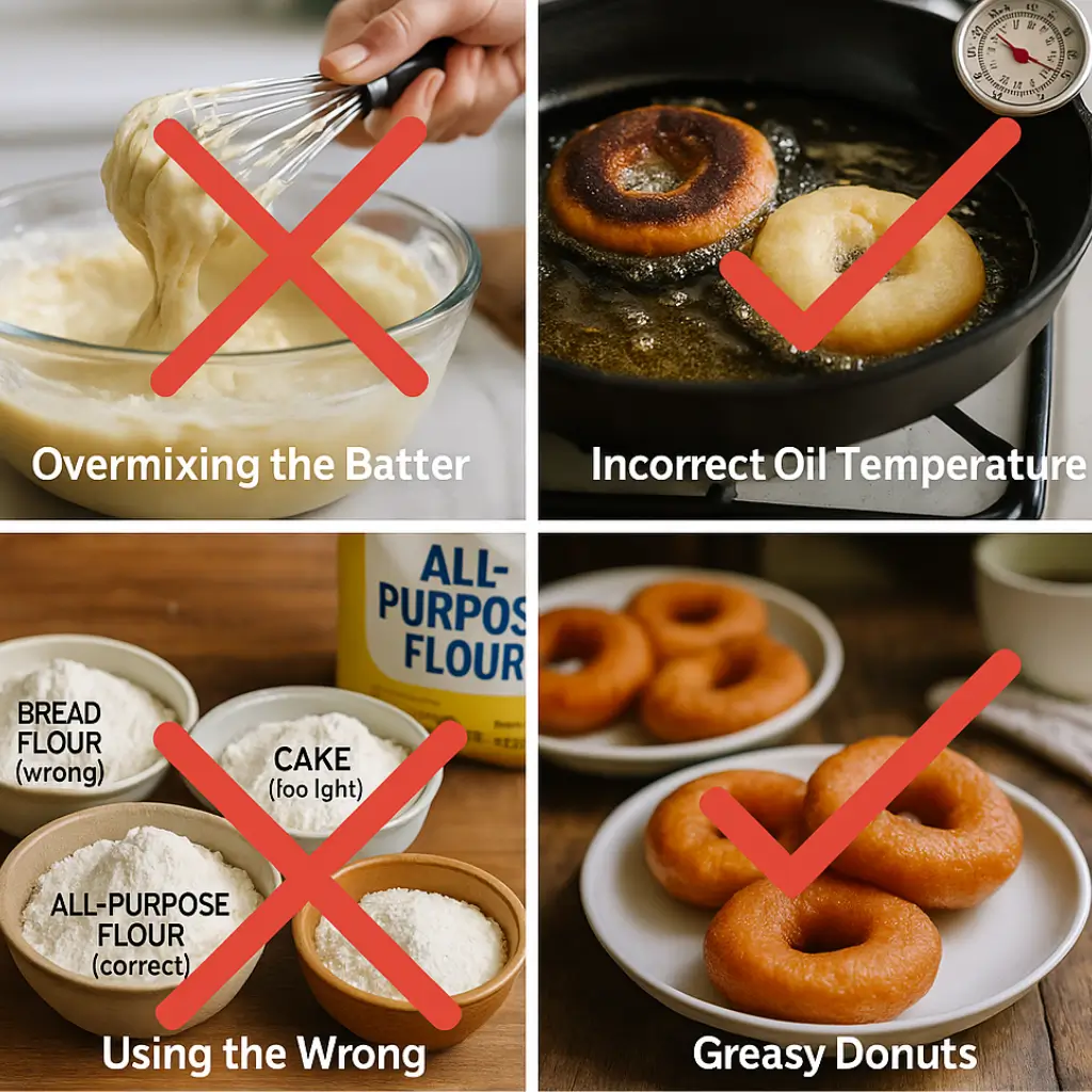 Image grid showing common mistakes in a cake donut recipe, including overmixing the batter, incorrect oil temperature, using the wrong flour, and greasy donuts.