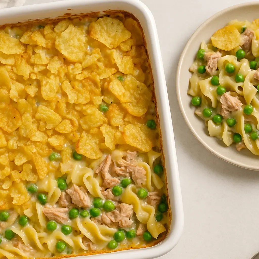 Golden baked tuna casserole recipe with noodles, peas, and crispy potato chip topping in a white dish.